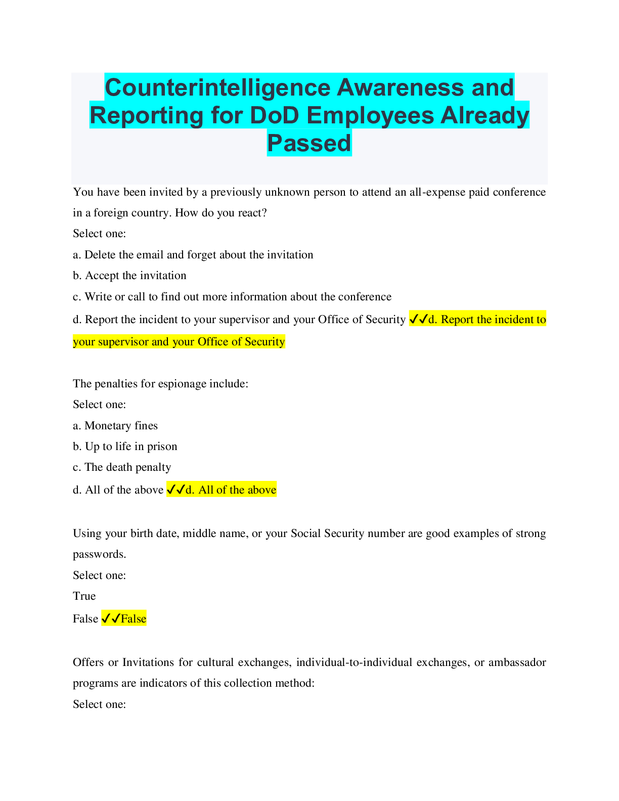 Counterintelligence awareness and reporting for dod employees already passed